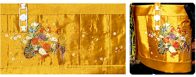 金襴 五条 刺繍織 冬用 「金つづれ地に花車」